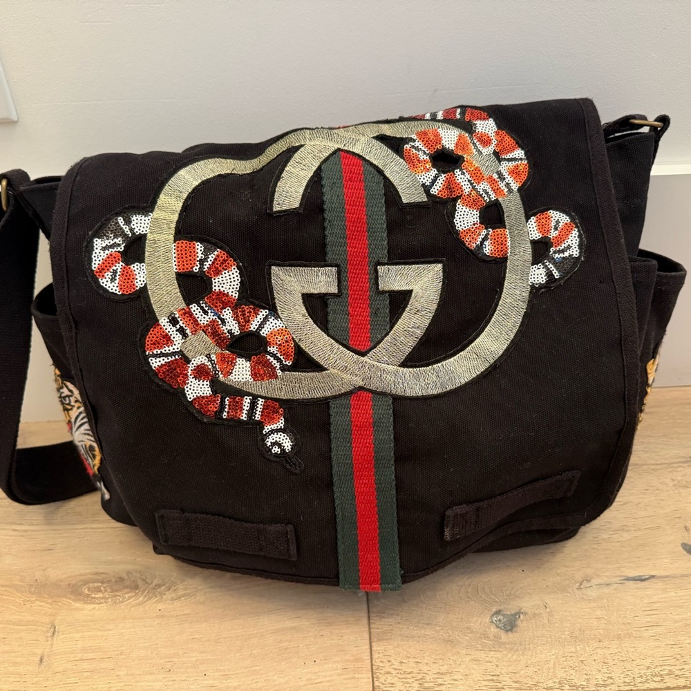 Black  Messenger Bag/Diaper Bag with Red and White Snake Design